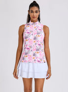 Pink Flamingo Full-Zip Sleeveless Polo Shirt For Women