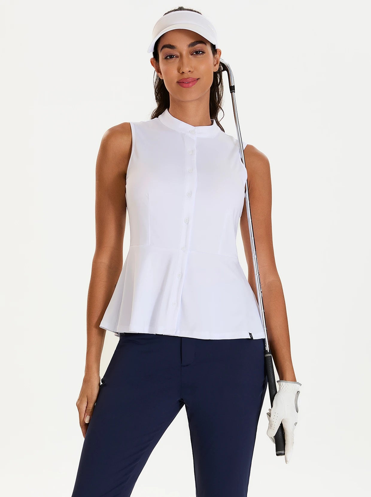 Basic Stand-collar Button-down Sleeveless Peplum Top for Women