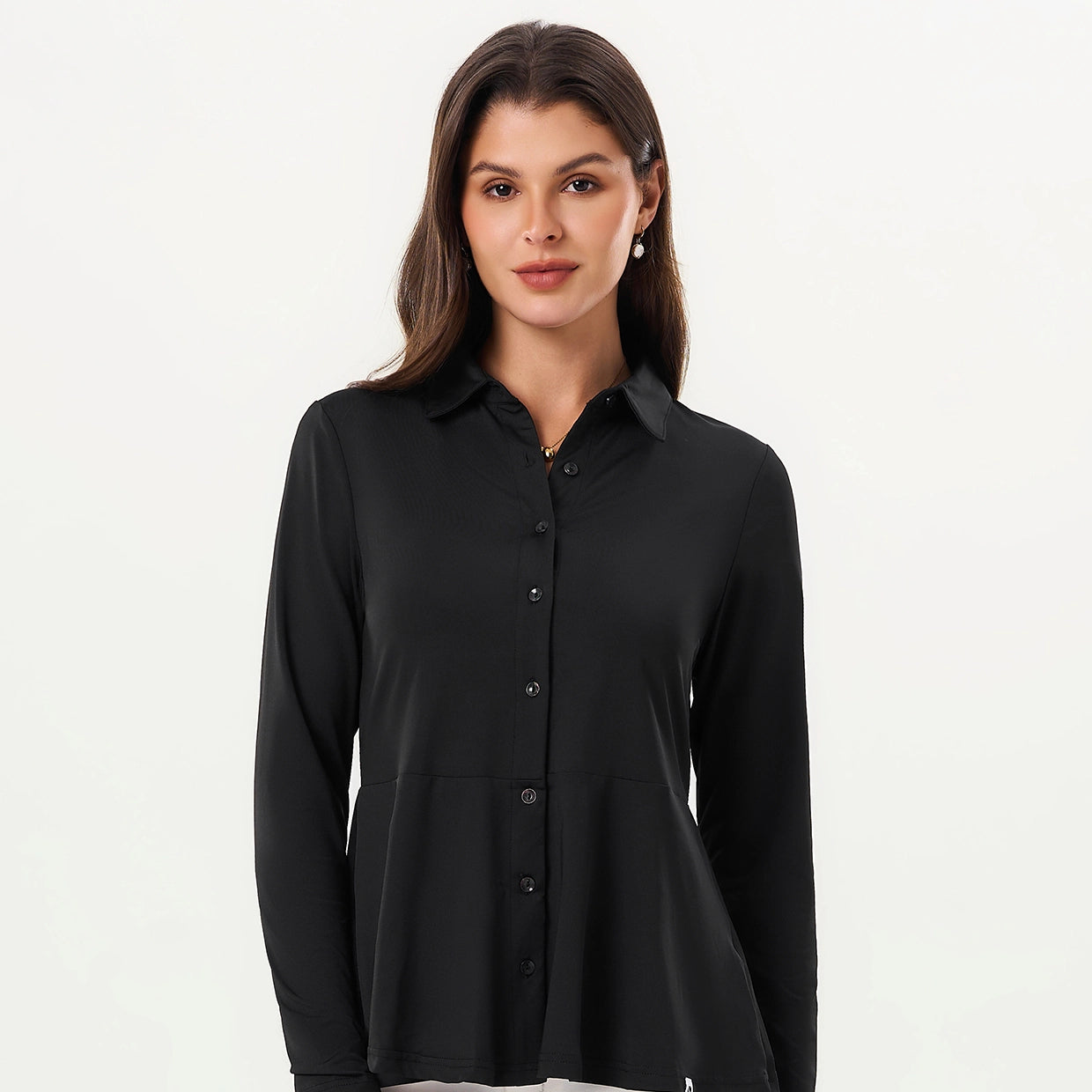 Basic Peplum Button-down Long-sleeve Polo Shirt