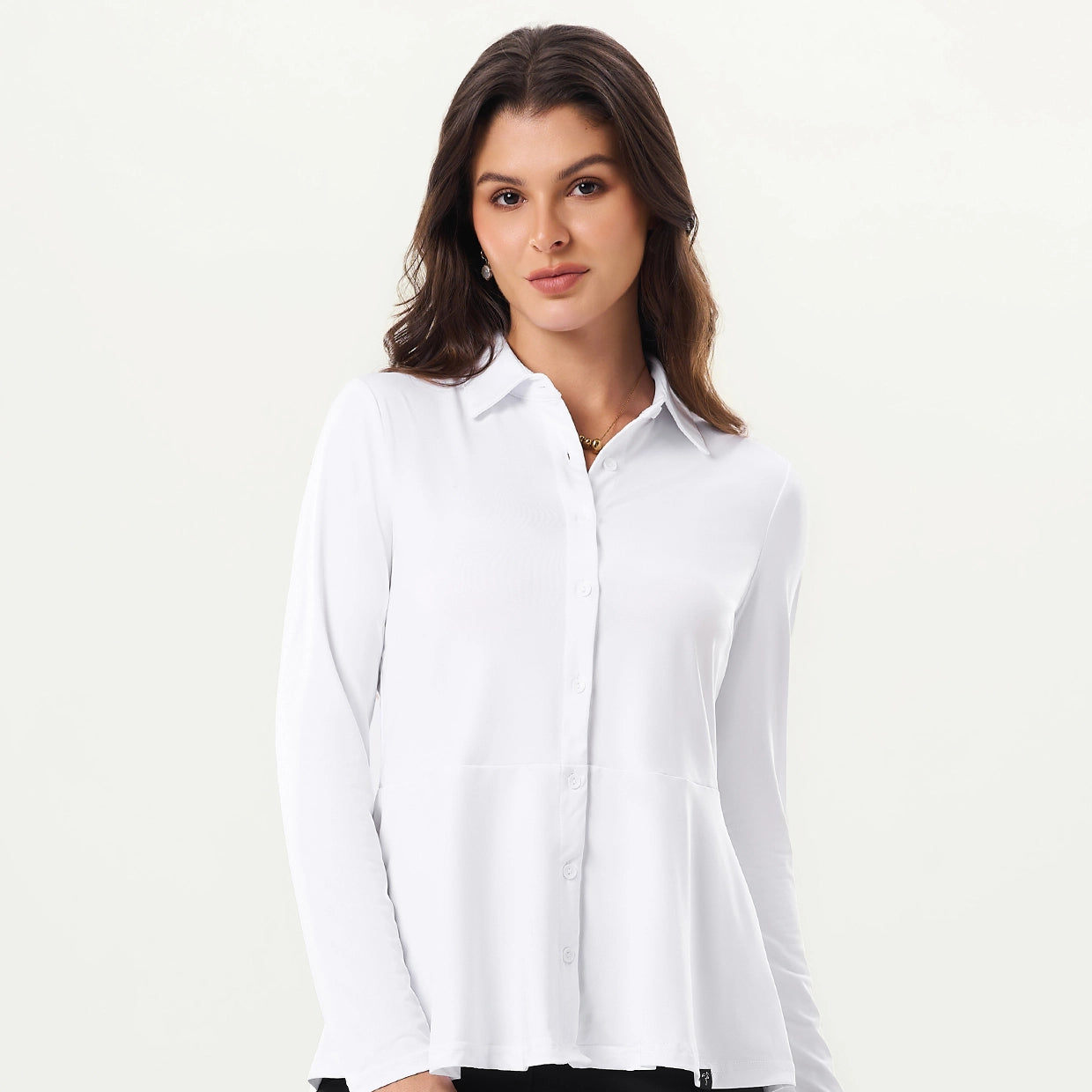 Basic Peplum Button-down Long-sleeve Polo Shirt For Women
