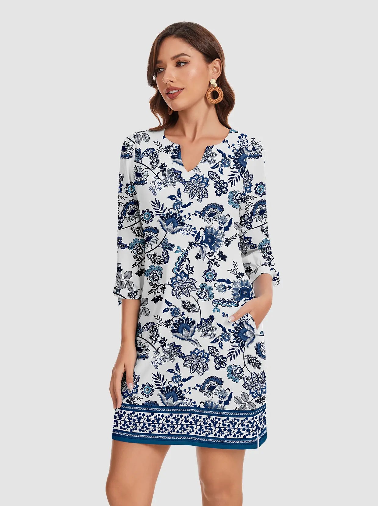 35" UPF50+ V-neck Tie-cuff 3/4 sleeve Active Dress with Pockets