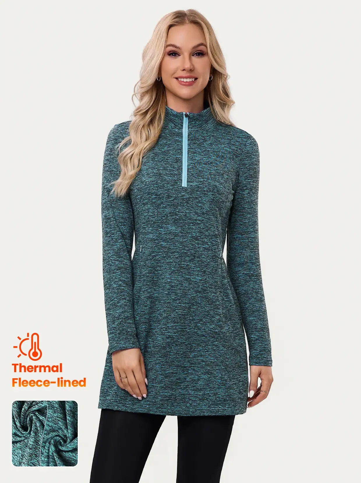 Quarter-zip Long-sleeve Fleece Dresses with Pockets