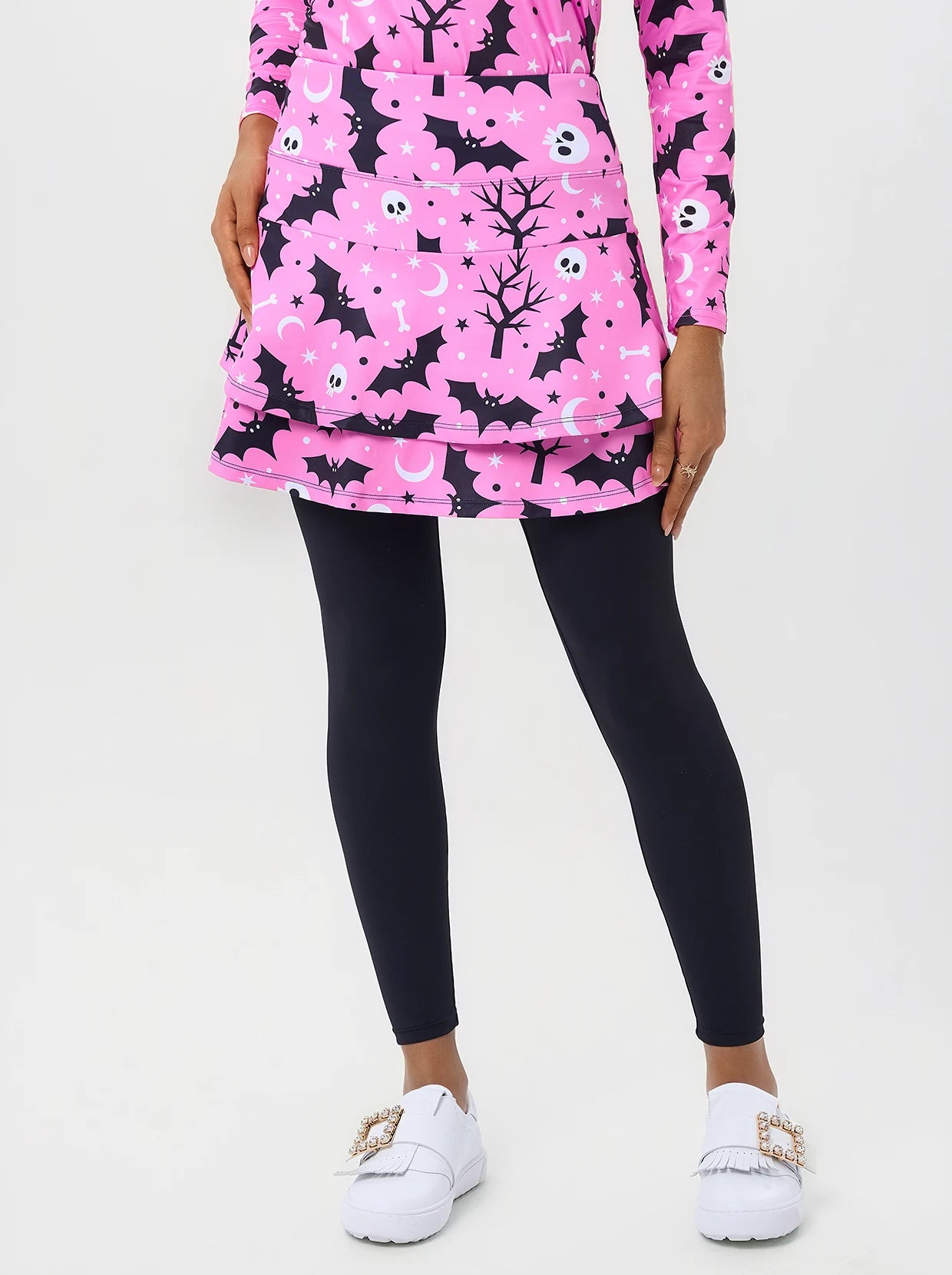 Halloween Pink Bats Pleated Athletic Skirted Leggings 