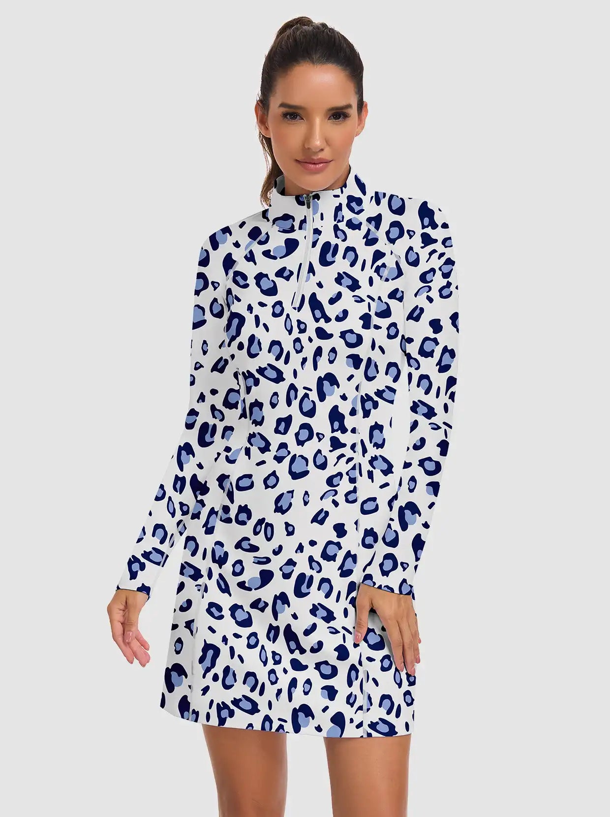 35" Stand-collar Long-sleeve Golf Dresses with Shorts
