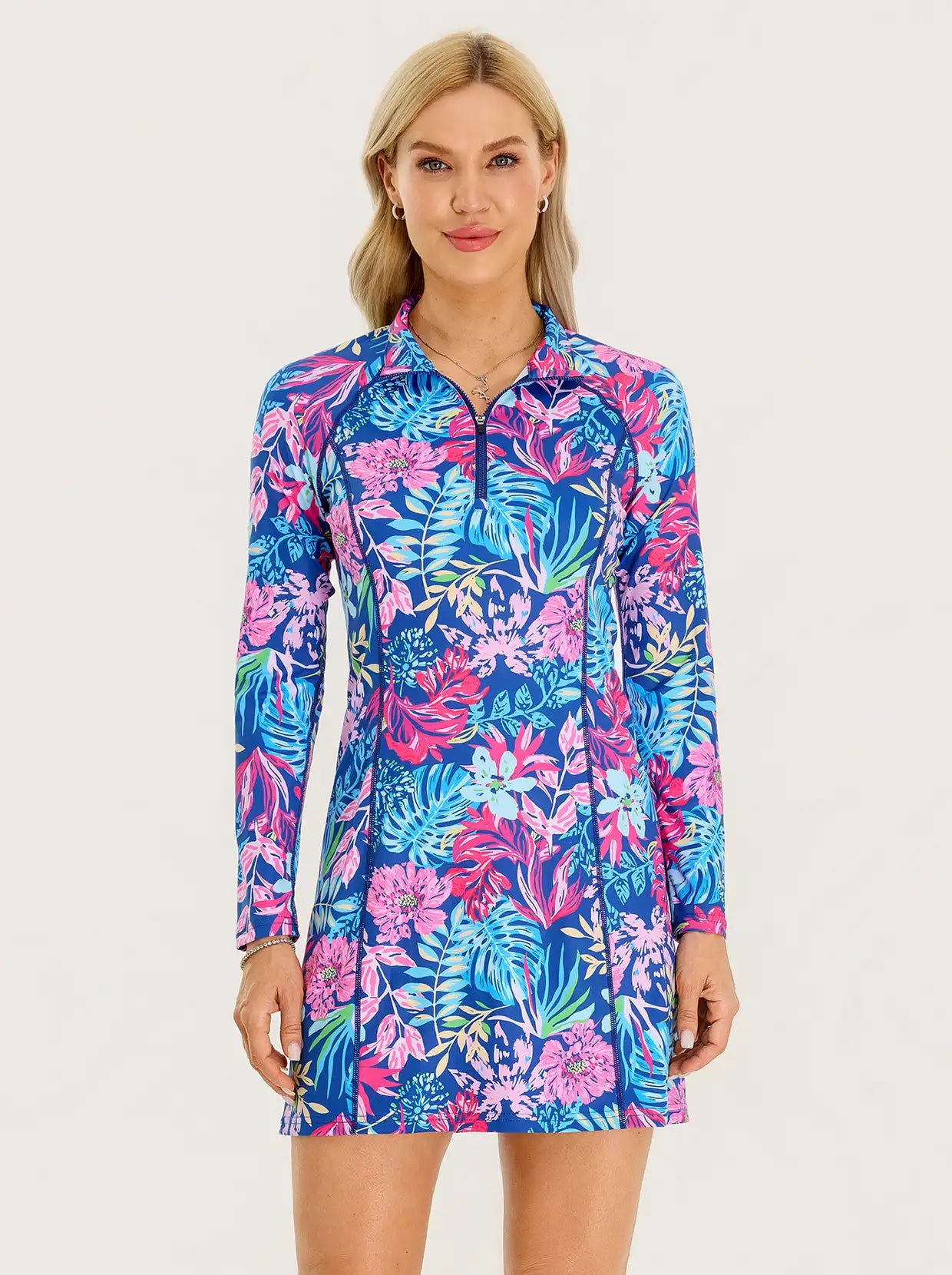 35" Stand-collar Long-sleeve Golf Dresses with Shorts