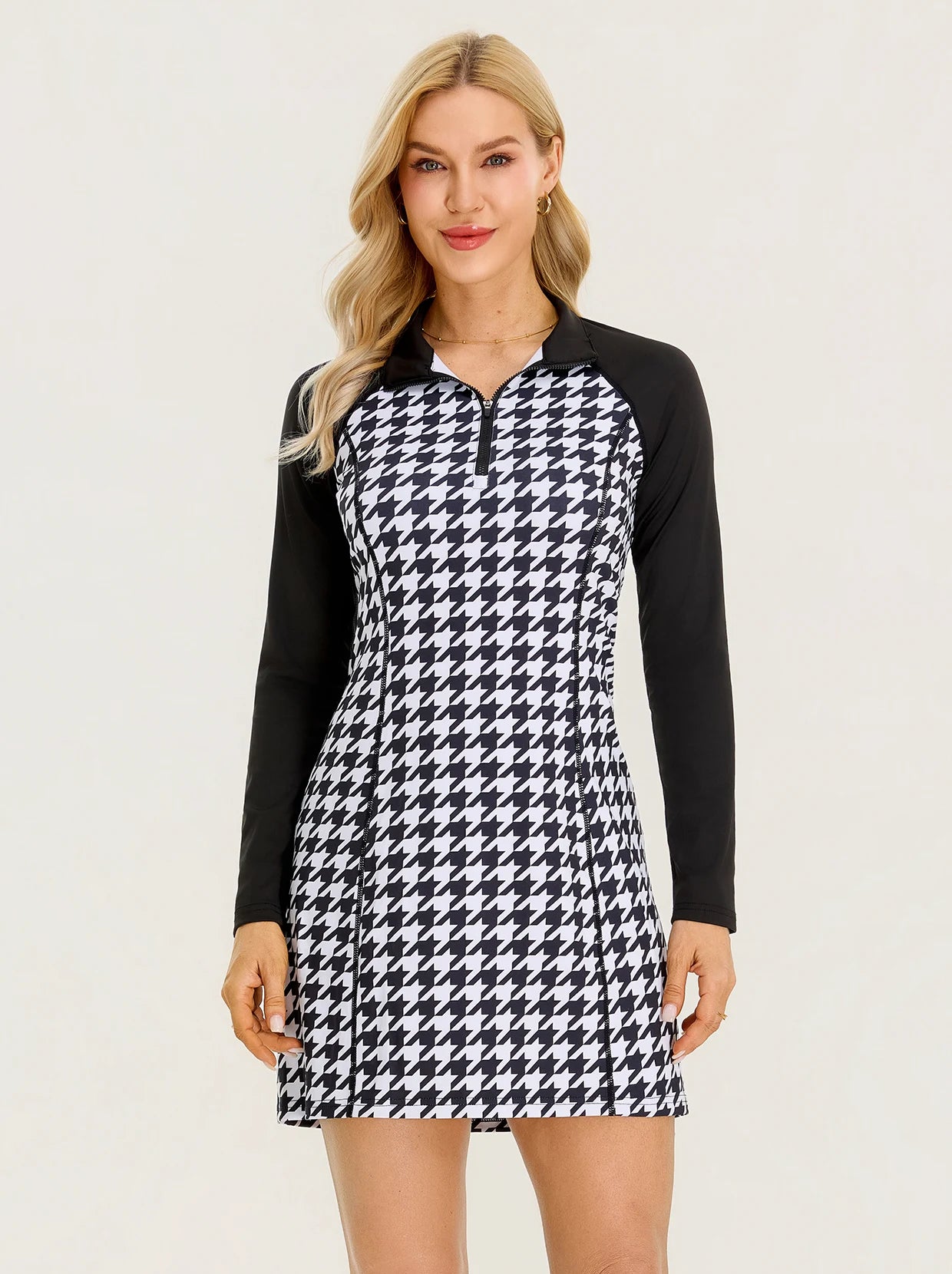 35" Stand-collar Long-sleeve Golf Dresses with Shorts