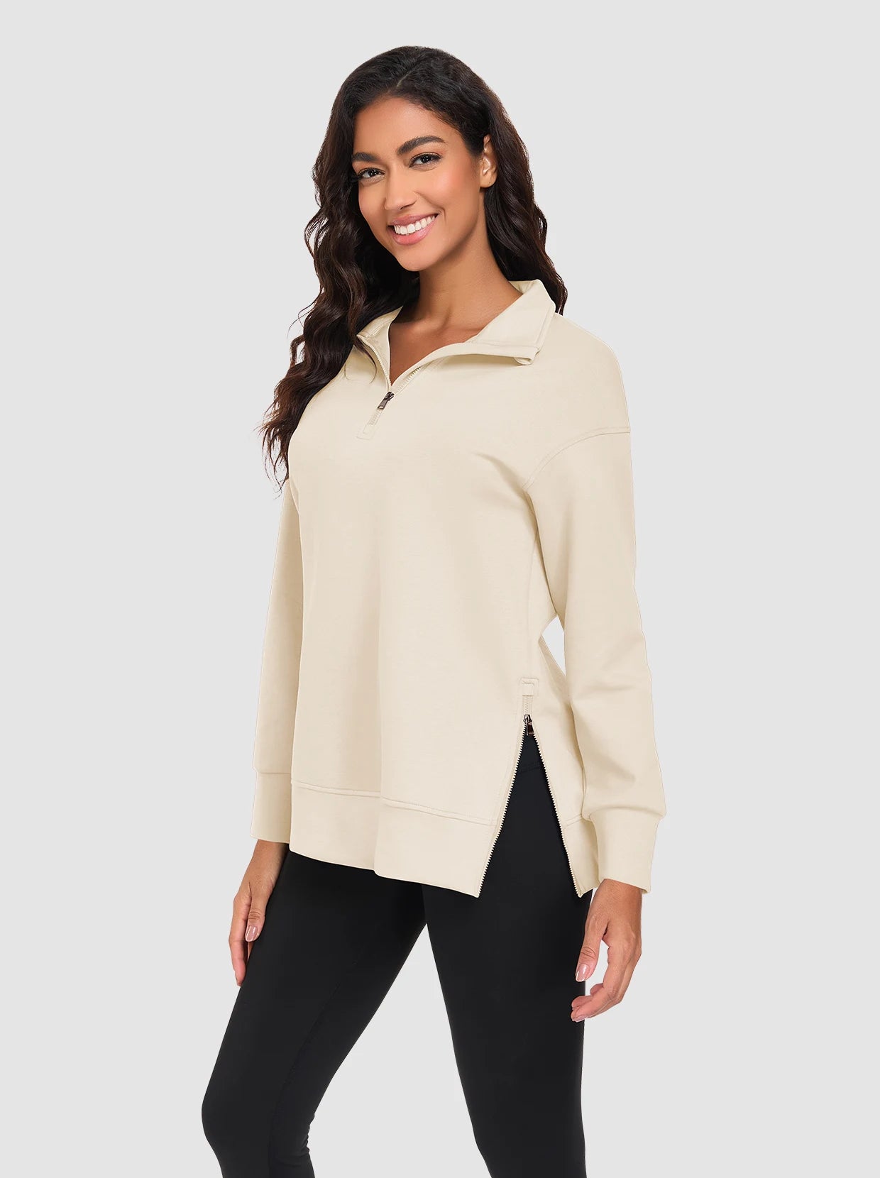 Basic Stand-collar Tunic Sweatshirts with Side-zip Hem