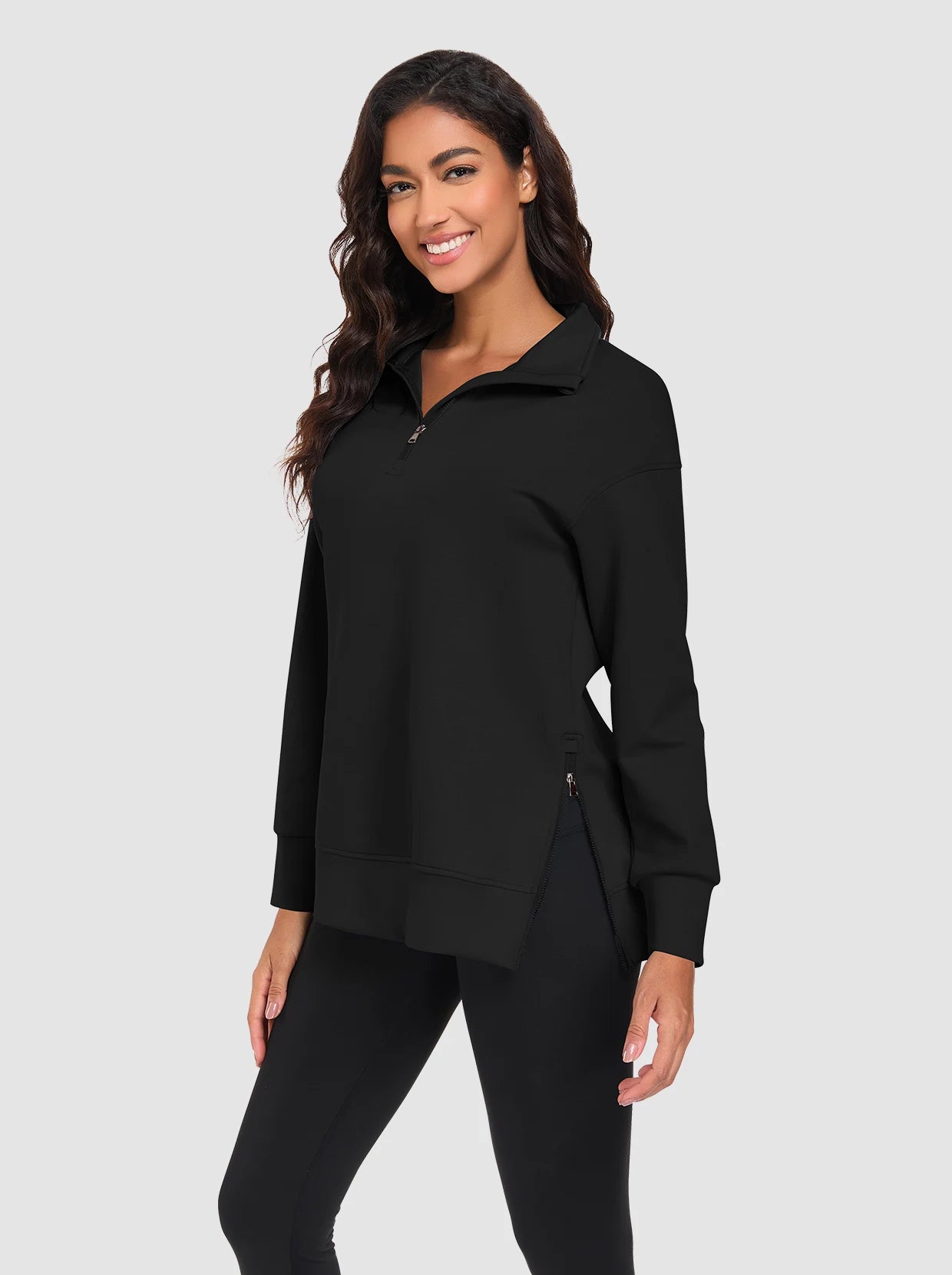 Basic Stand-collar Tunic Sweatshirts with Side-zip Hem