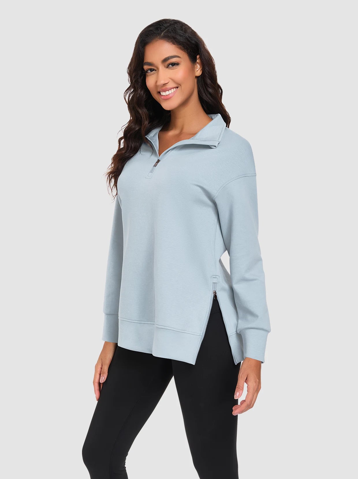 Basic Stand-collar Tunic Sweatshirts with Side-zip Hem