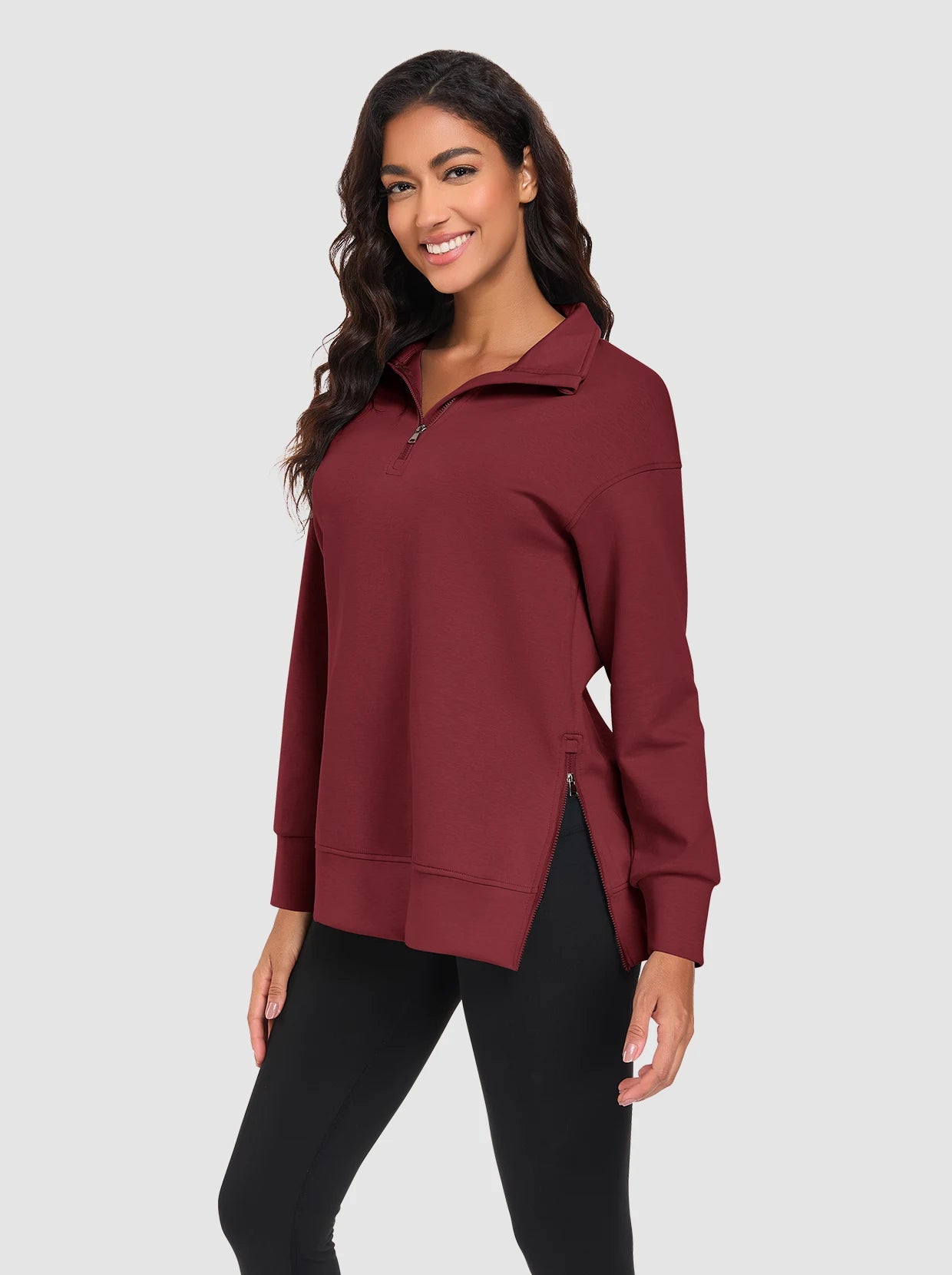 Basic Stand-collar Tunic Sweatshirts with Side-zip Hem