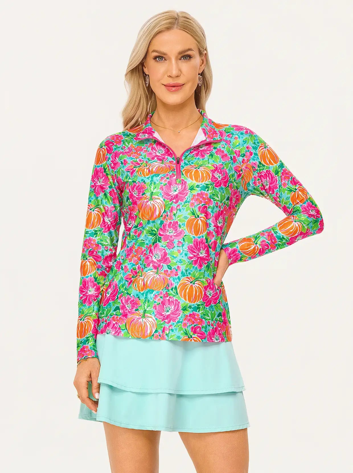 Halloween Pumpkin and Floral Stand-collar Long-sleeve Polo Shirt