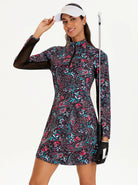 Women's 34" Black Paisley Stand-collar Long-sleeve Dress 