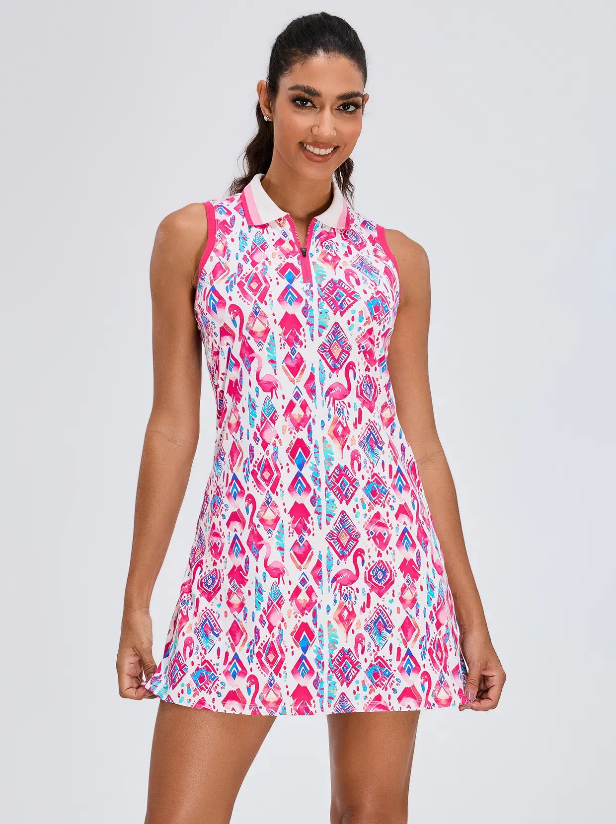 LuxeCool™ 34" Pink Flamingo Quarter-zip Sleeveless Dress