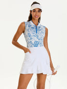 Blue Wildlife Ruffled Quarter-zip Sleeveless Shirt For Ladies 