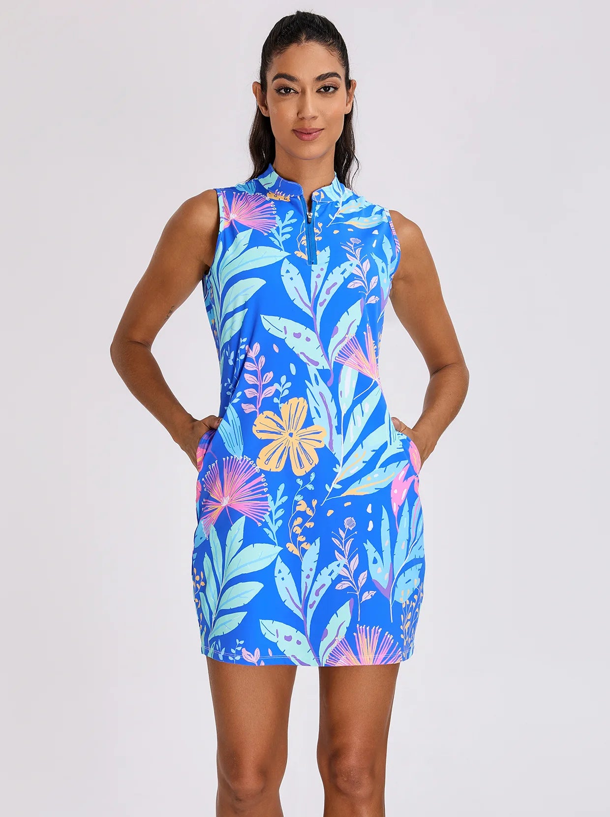 34" Blue Floral Quarter-zip Sleeveless Dress with Shorts and Pockets