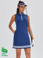 Women's 34" Navy Stand-collar Sleeveless Dress with Zipper Pockets