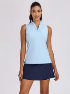 Blue Ruffled V-neck Sleeveless Polo Shirt for Women 