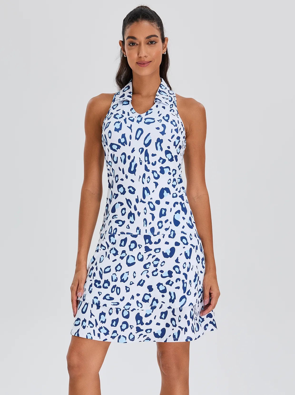 37"  Blue Leopard V-neck Racerback Sleeveless Dress with Shorts