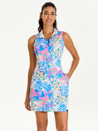 Tropcial Leopard Print Stand-collar Sleeveless Dress with Pockets 