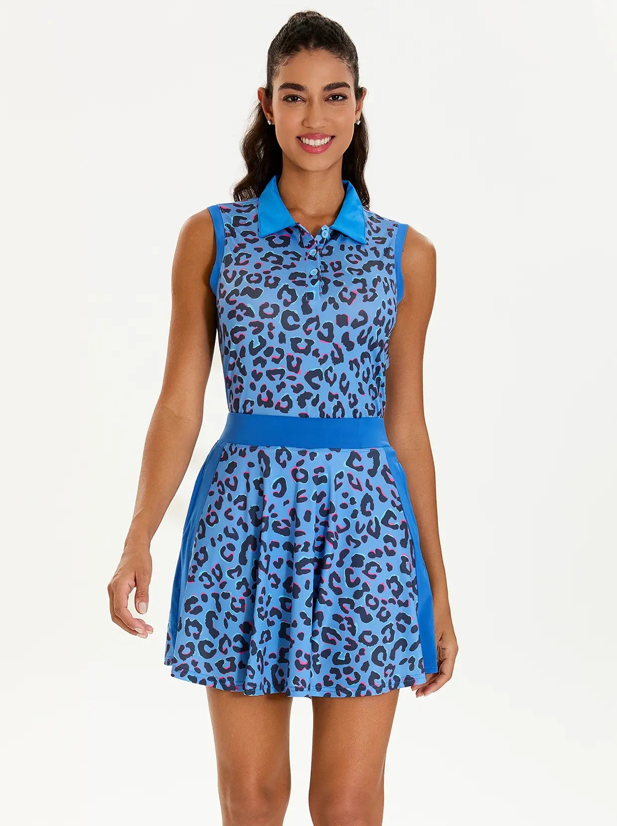 Blue Leopard Button-placket Sleeveless Polo Shirt