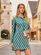 34" Green Geometric Button-placket Long-sleeve Polo Dress with Pocket