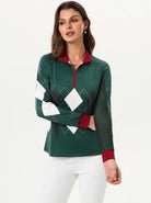 Green Checkerboard Quarter-zip Half-Mesh sleeve Polo Shirt