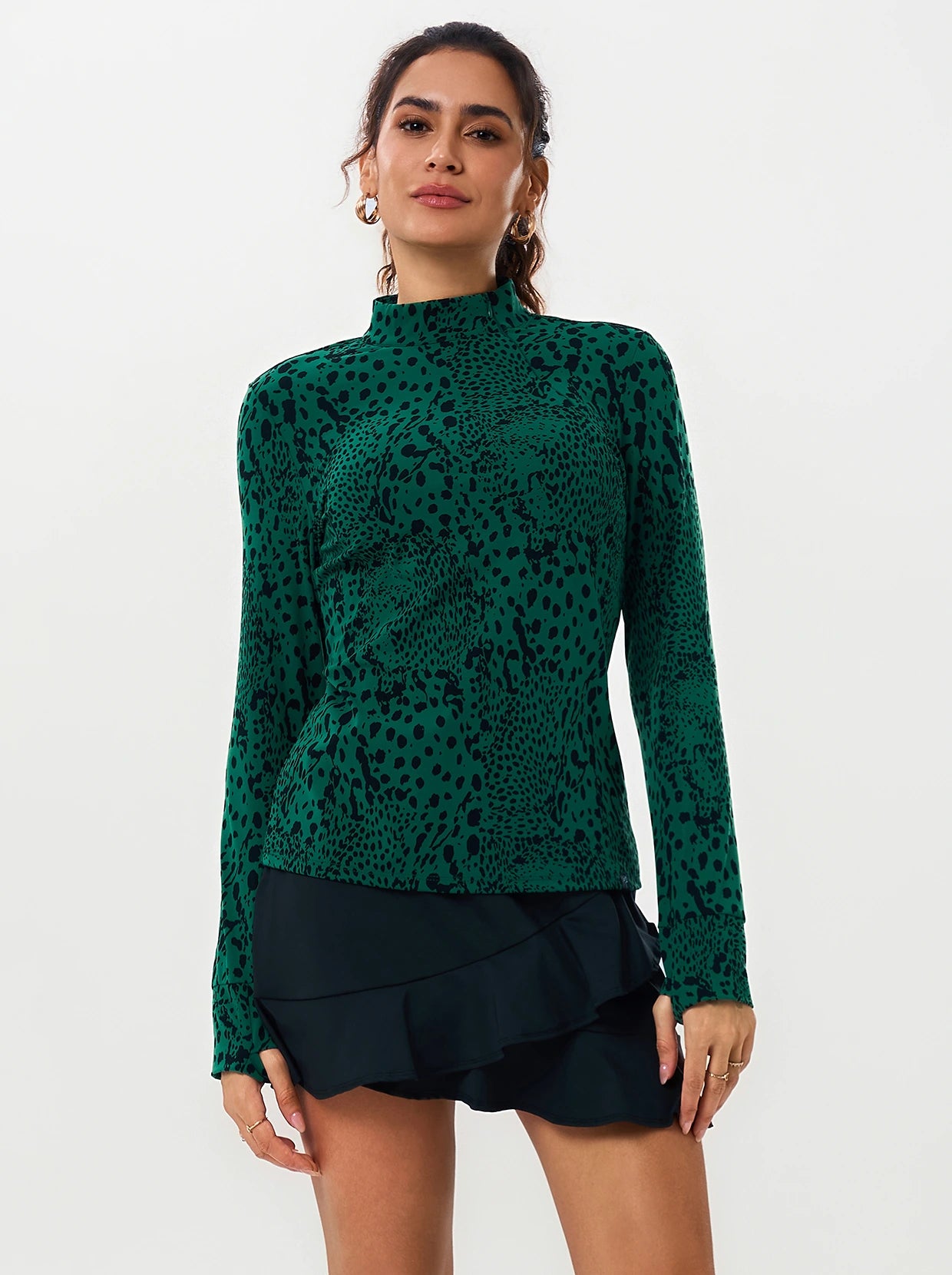 Dark Green Leopard Stand-collar Long-sleeve Shirt 