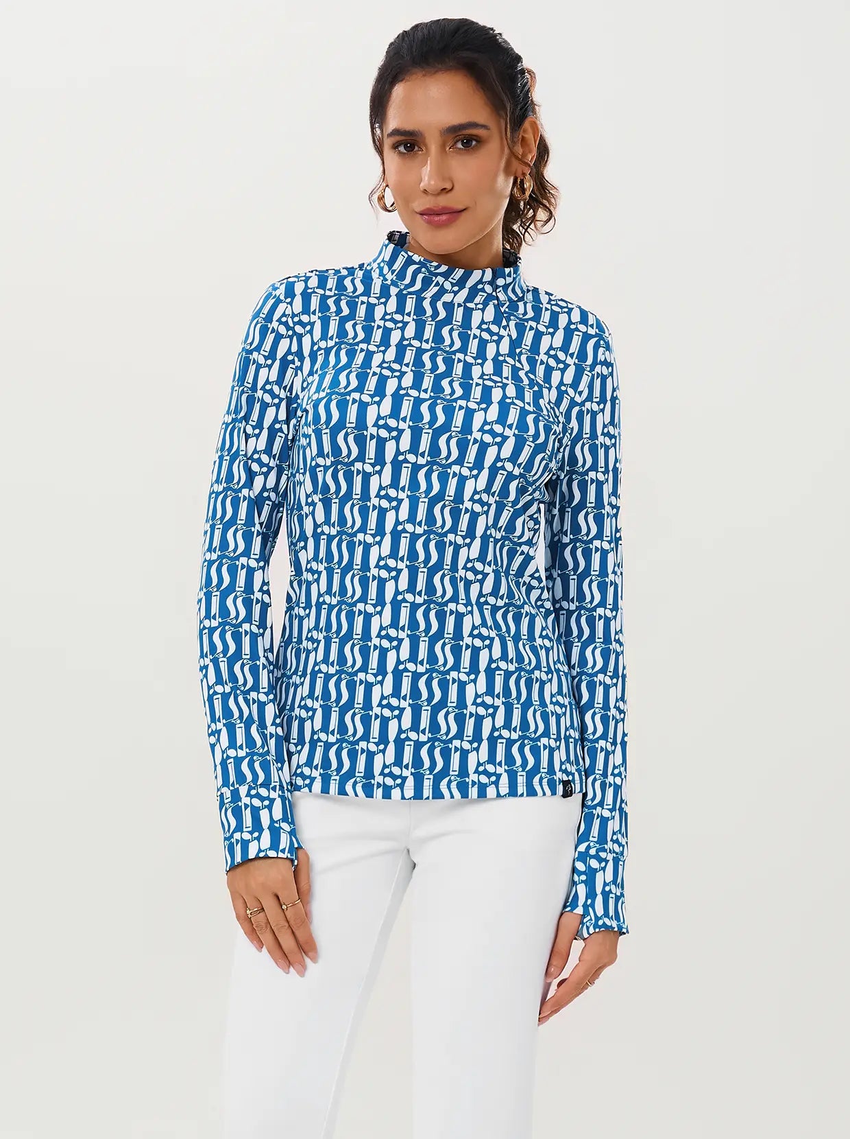 Blue Geometric Print Side-zip Long-sleeve Shirt 