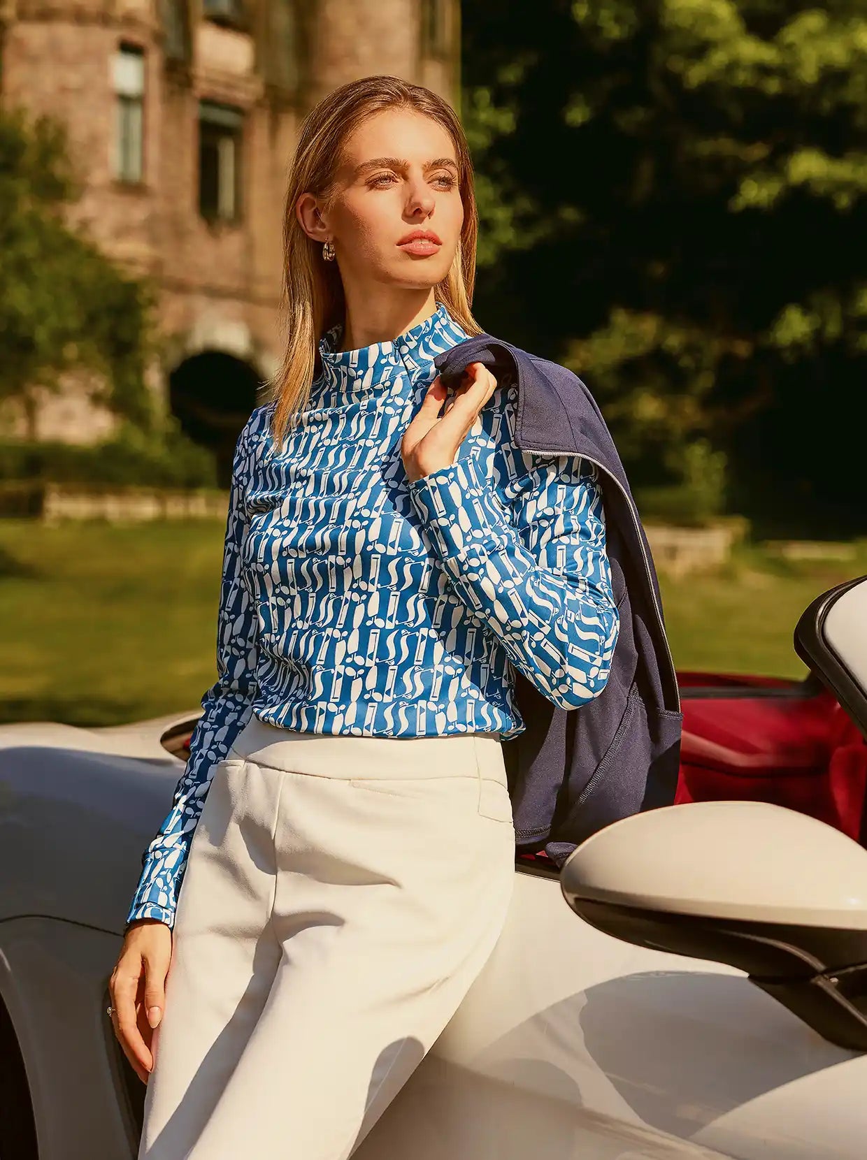 Blue Geometric Print Side-zip Long-sleeve Shirt