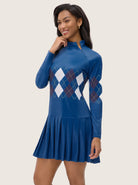 35" Blue Checkerboard Stand-collar Long-sleeve Pleated Dress with Shorts