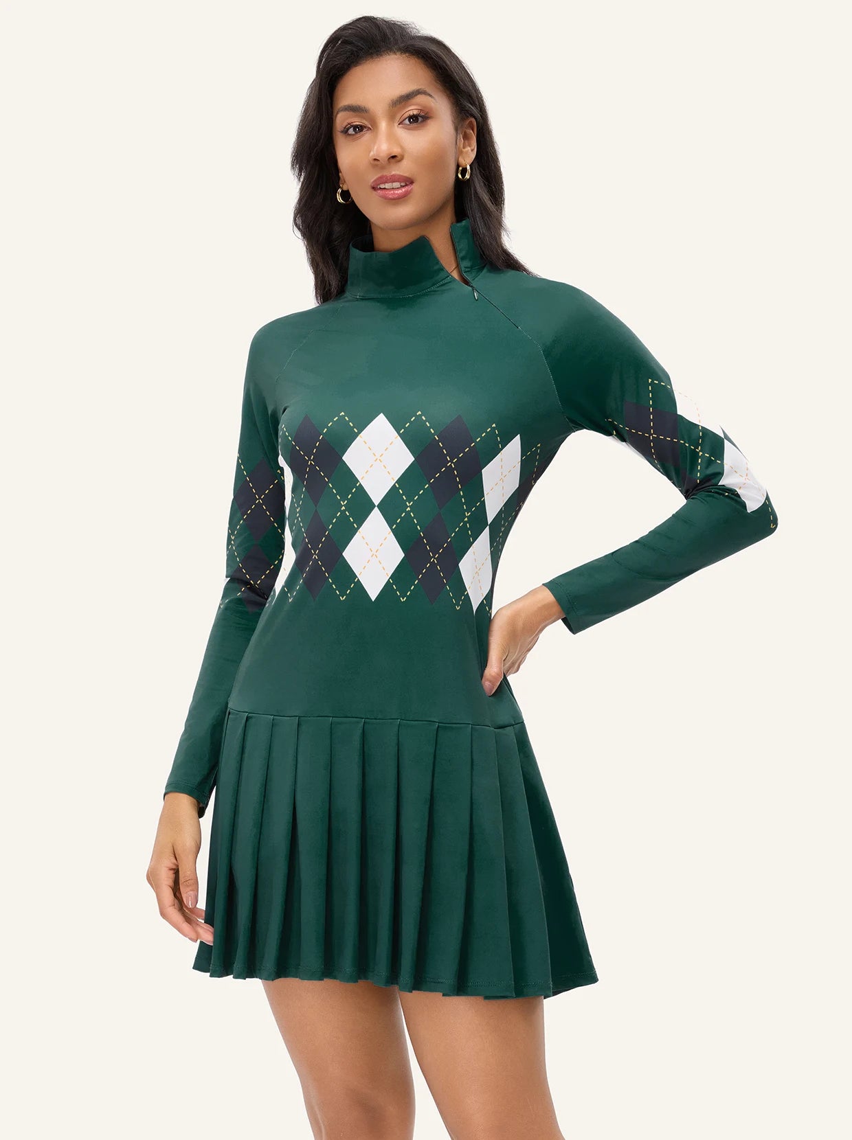 35" Green Checkerboard Side-zip Long-sleeve Pleated Dress with Shorts