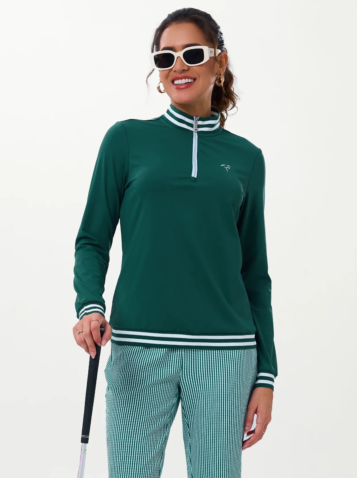 Green Stand-collar Long-sleeve Polo Shirt