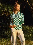 Green Checkerboard Half-Mesh Long-sleeve Polo Shirt