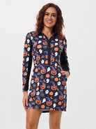 Halloween Pumpkin 34" Button-placket Long-sleeve Polo Dress