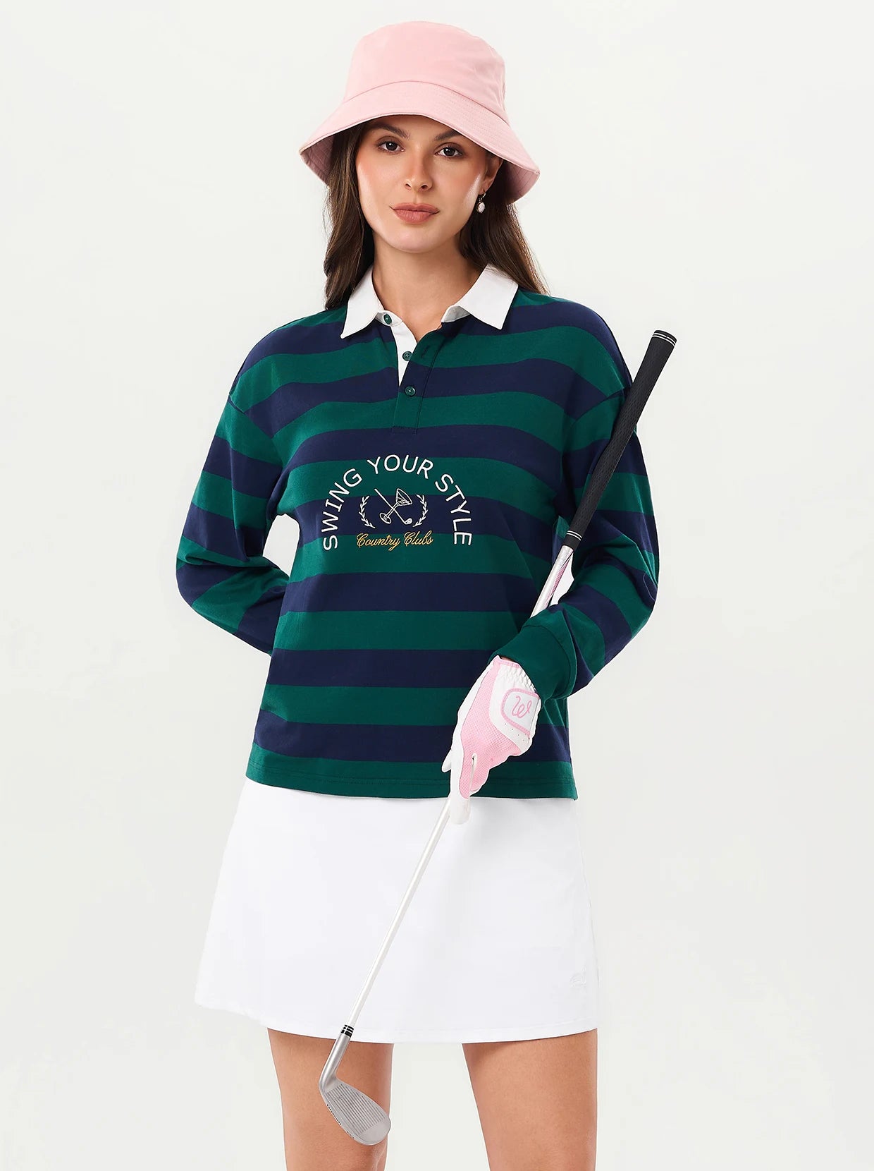 Green Stripes Button-placket Golf Sweatshirt