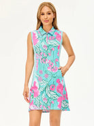 34.5" Pink Floral  Quarter-zip Polo Dress with Shorts and Pockets