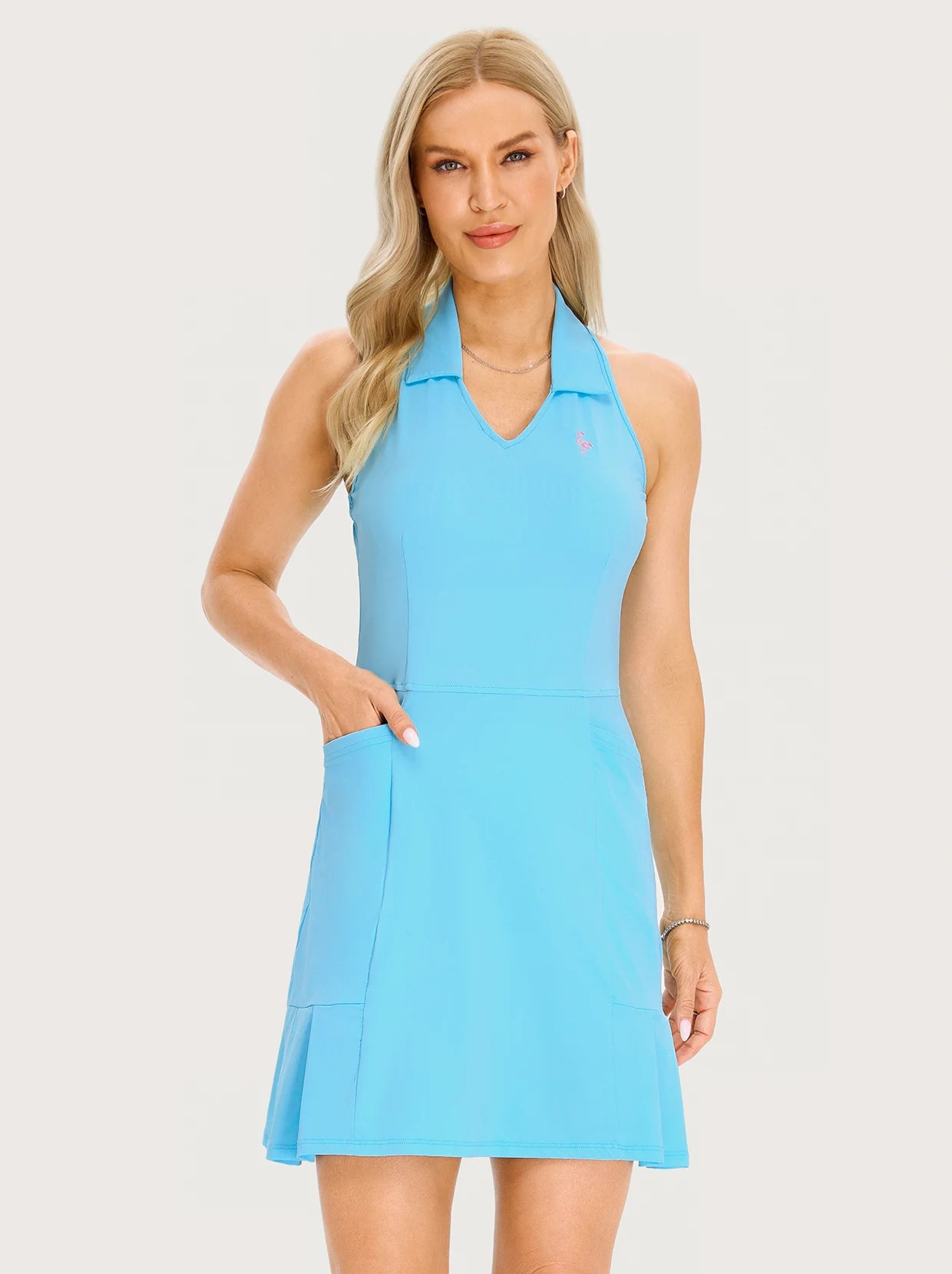 Women's 34.5" Blue Racerback Golf Dress with Shorts and Pockets 