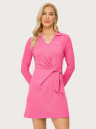 34.5" Pink Side Tie V-neck Long-sleeve Polo Dress with Shorts