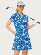 35.5" Blue Floral V-neck Short-sleeve Golf Dress with Shorts and Pockets