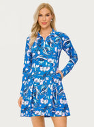 35.5" Blue Floral Quarter-zip Long-sleeve Golf Dress with Shorts and Pockets