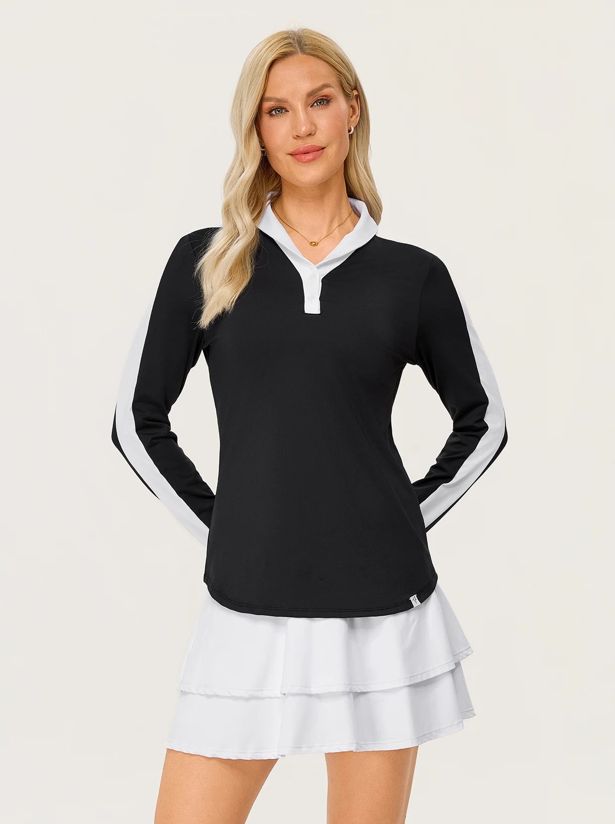 Contrast Button-placket Long-sleeve Golf Polo Shirt