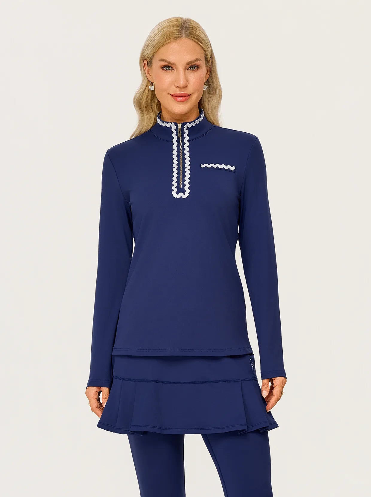 Women's Navy Ricrac Stand-collar Long-sleeve Polo Top