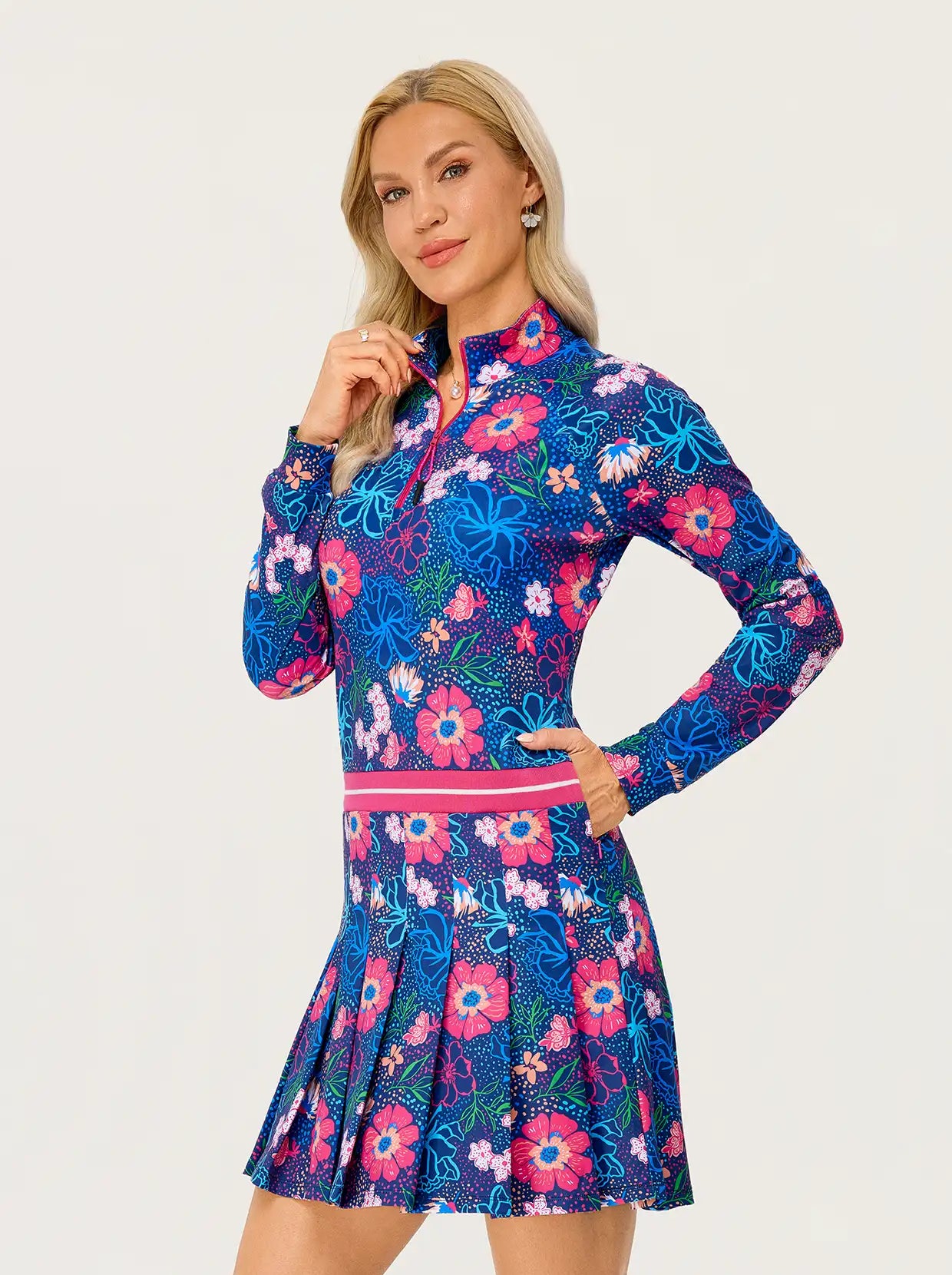 34.5" Floral Print Quarter-zip Pleated Dress with Shorts and Pockets
