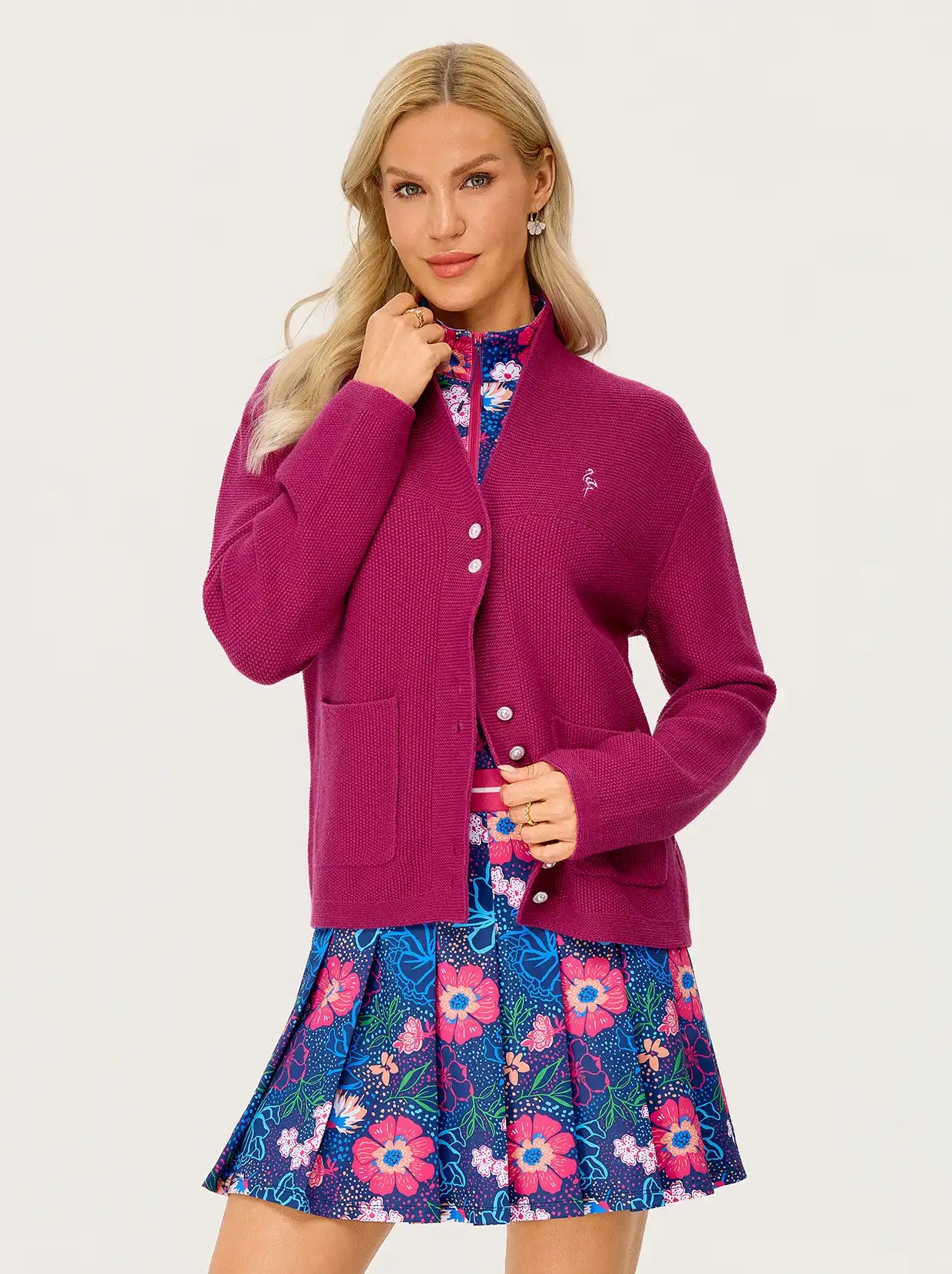 Rose-red Dropped-Shoulder Stand Collar Cardigan for Women