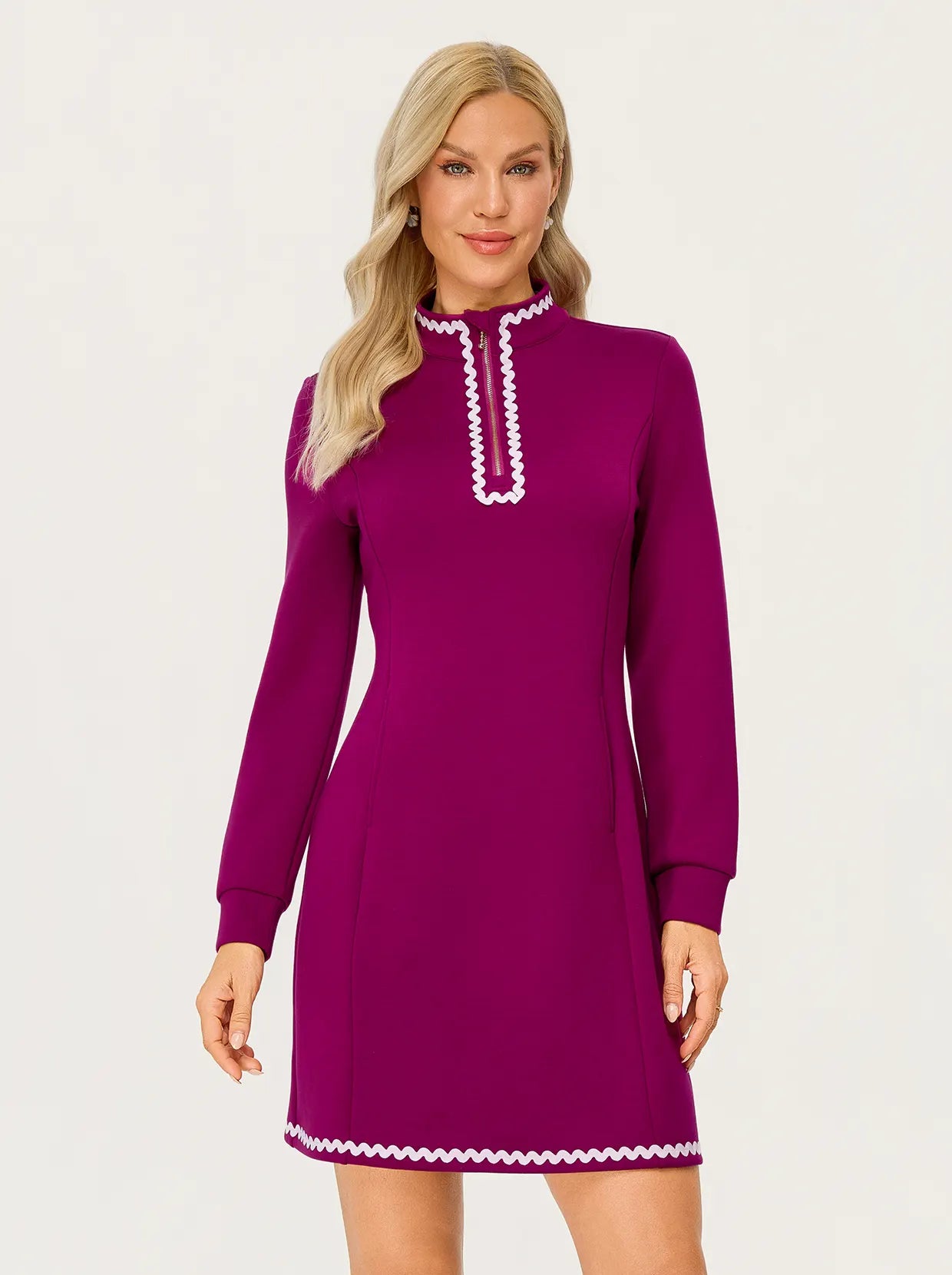 36" Rose-red Quarter-zip Long sleeve Sweatshirt Dress for Women