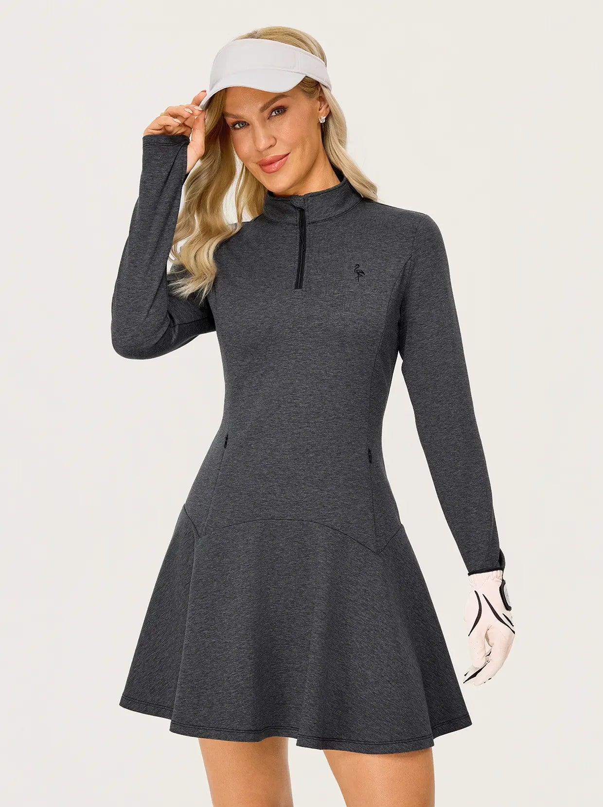 Quarter-zip Long-sleeve Ruffled Sweatshirt Dress with Thumbholes