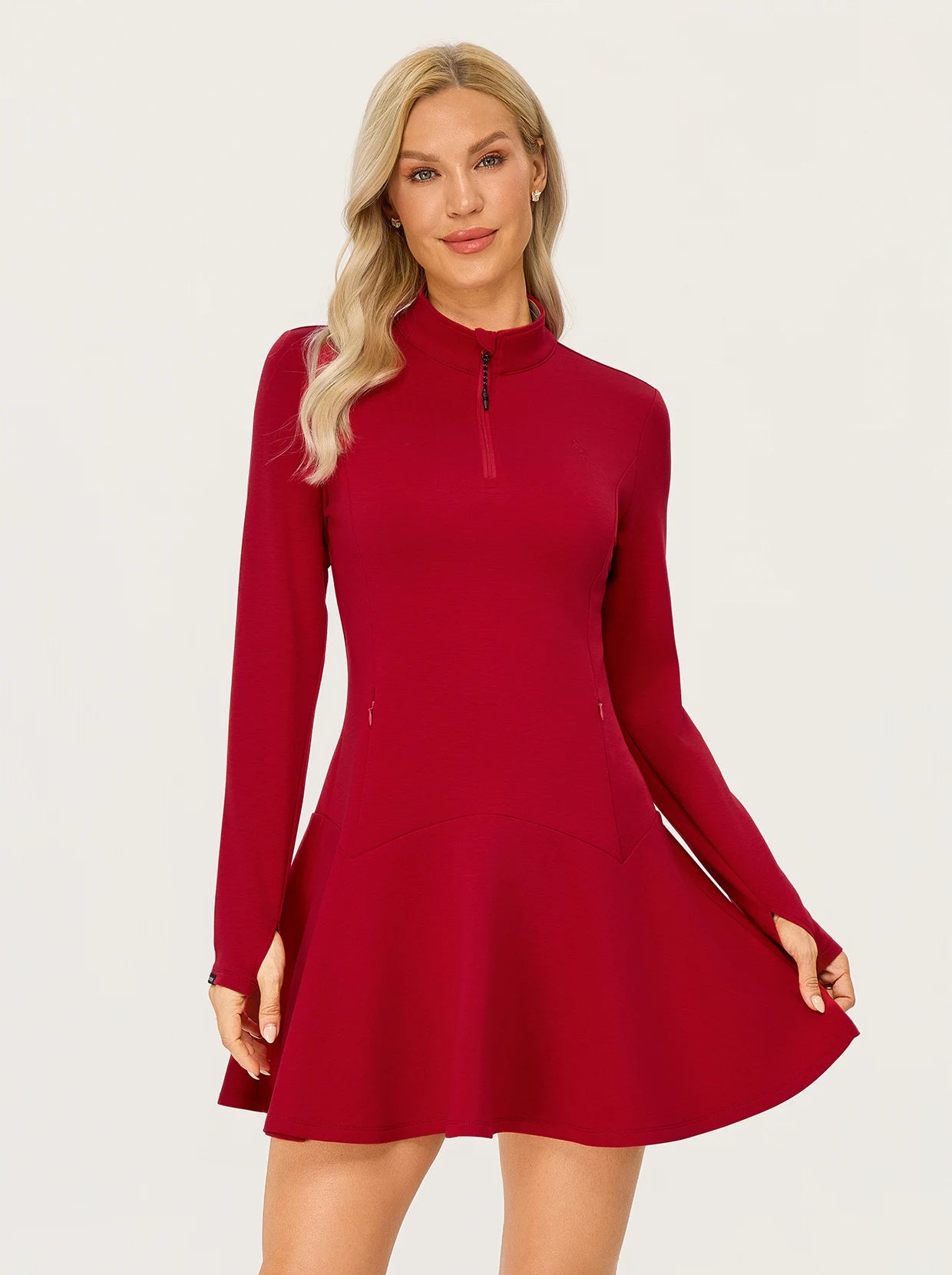 Quarter-zip Long-sleeve Ruffled Sweatshirt Dress with Thumbholes