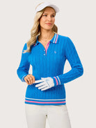 Blue Button-placket Cable-Knit Golf Polo Sweater