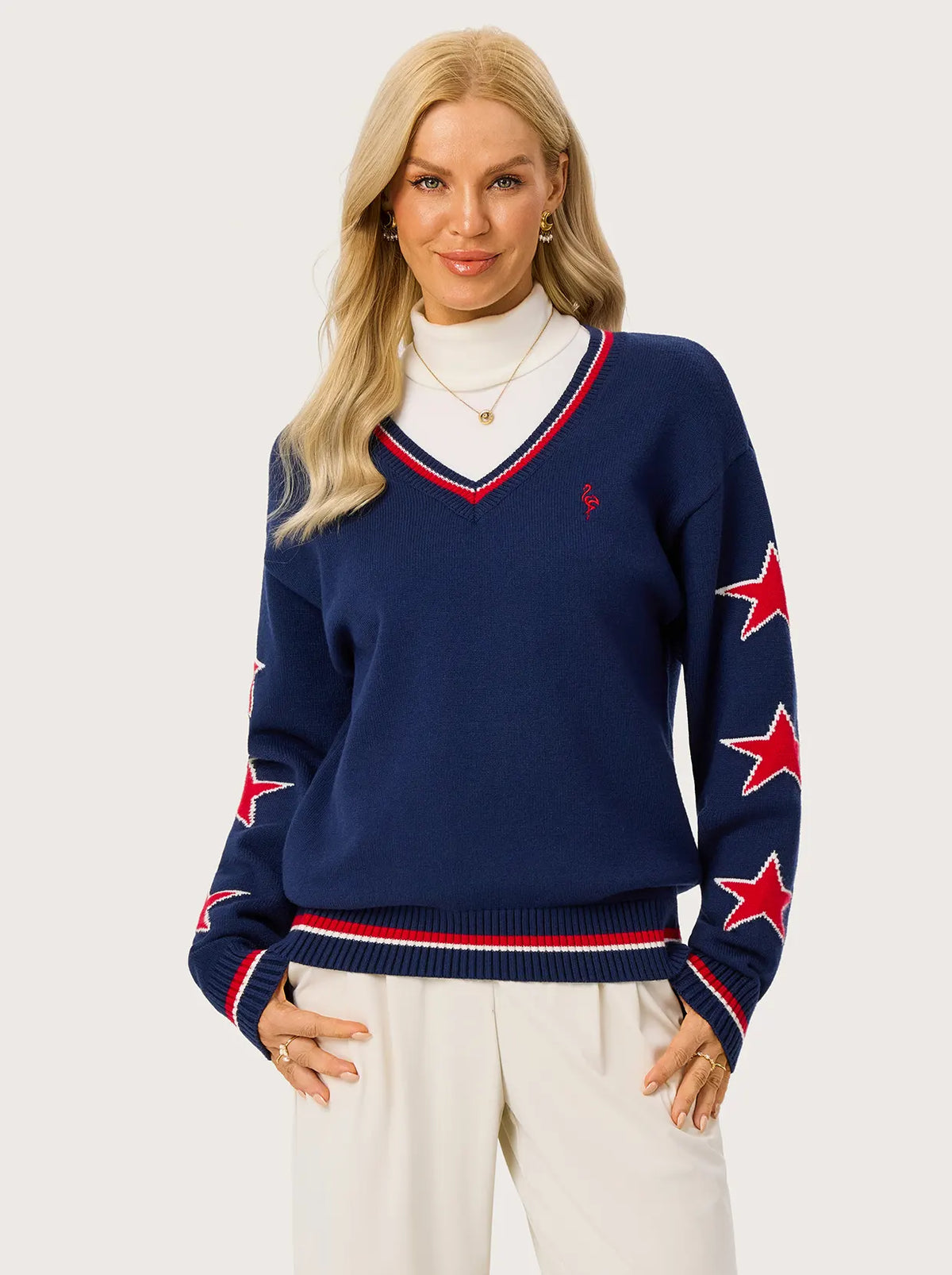 Red Star V-neck Dropped-Shoulder Golf Sweater