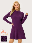 34.5" Purple Stand-collar Long-sleeve Thermal Dress with Pockets